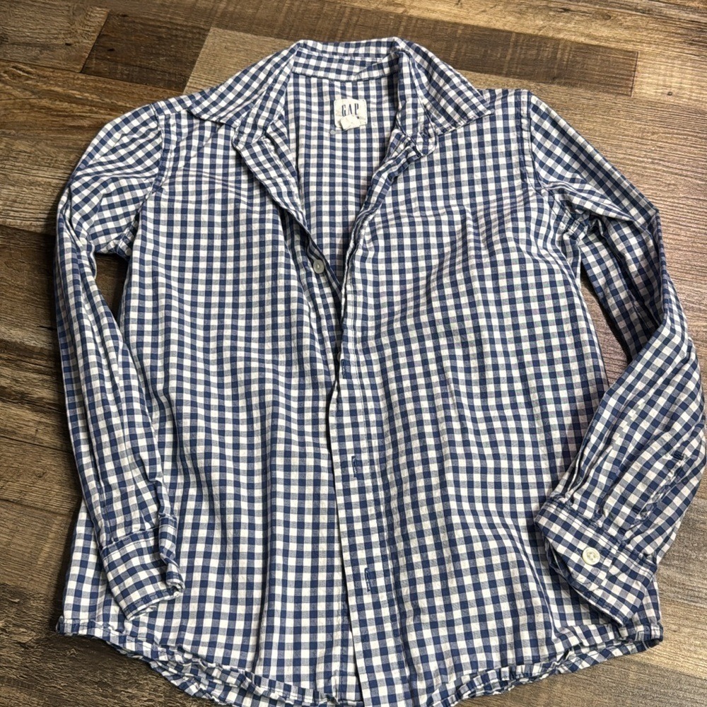 Gap Kids Boys Blue White Gingham Long Sleeve Button Down Shirt Size L 10/12